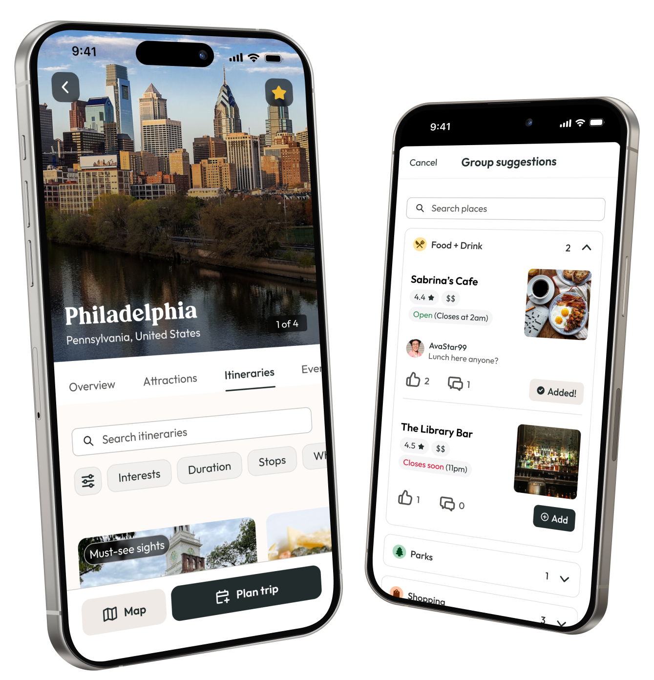 Two IPhone screens showing the Daytrip app when looking at Philadelphia and when looking at a trip